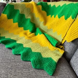 Vintage Green Gold Chevron Boiled Wool Crochet Afghan Throw Blanket